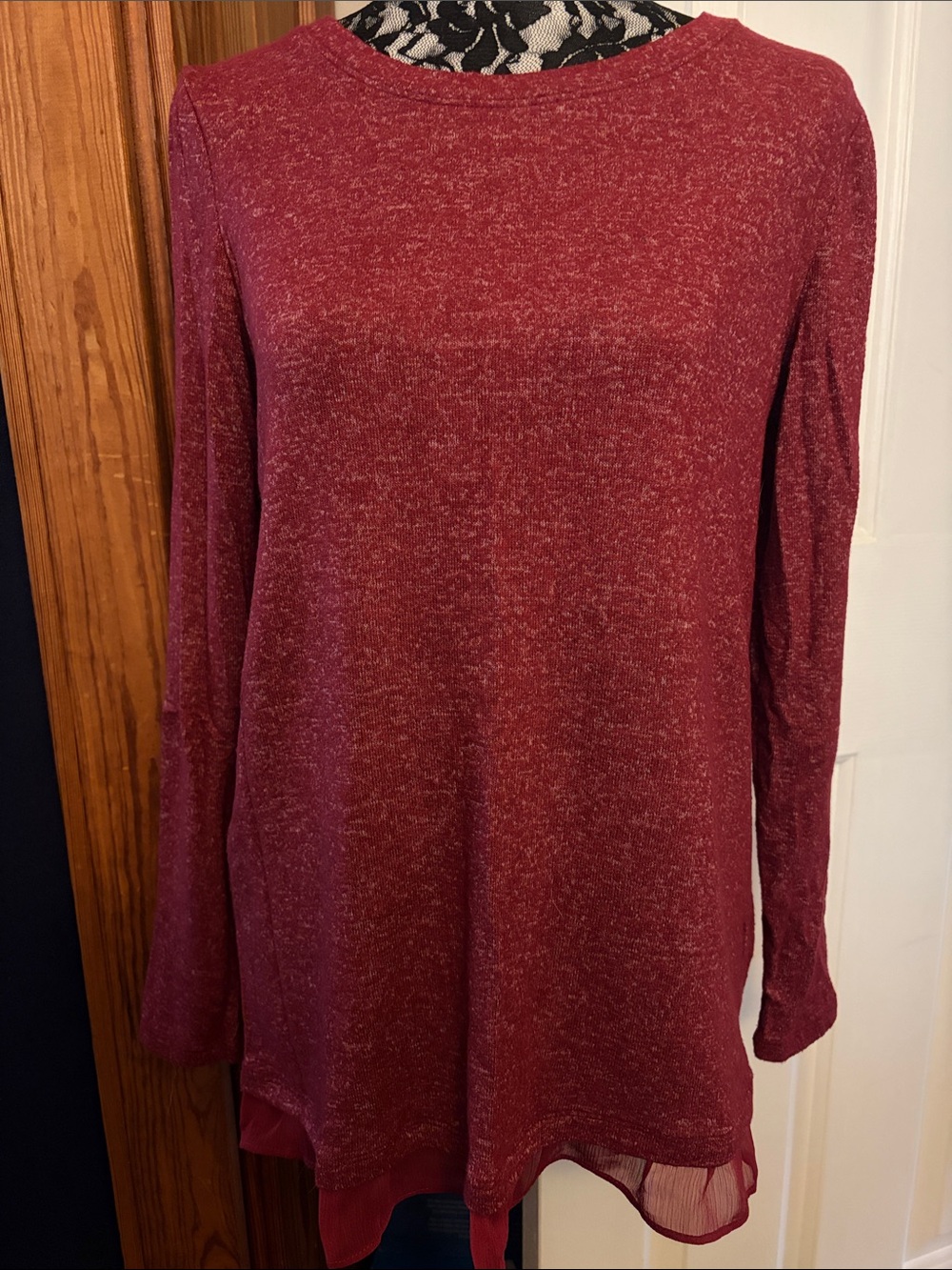 Burgundy Long-Sleeve Knit Tunic with Sheer Ruffled Hem